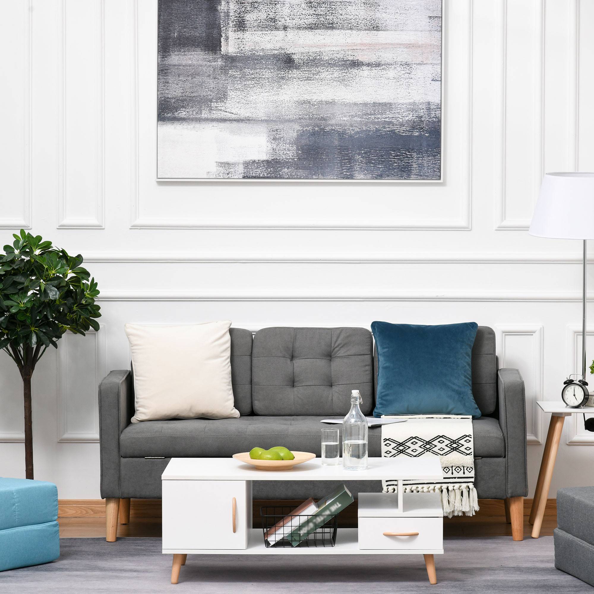HOMCOM 3 Seater Fabric Sofa with Hidden Under Seat Storage - Grey - Image 5