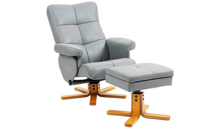 HOMCOM PU Leather Swivel Recliner Chair with Footstool - Light Grey