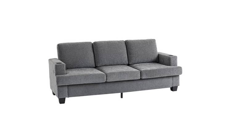 HOMCOM 3 Seater Fabric Modern Sofa with USB Ports and Cup Holders - Grey