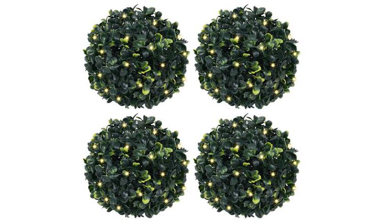 Walplus Pack of 4 Artificial Boxwood Balls with LED Lights - Green - 12 x 12 cm