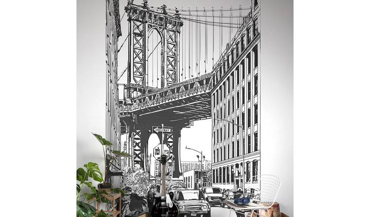 Grandeco Brooklyn Bridge Skyline 3 Lane Textured Wallpaper Mural  - Black
