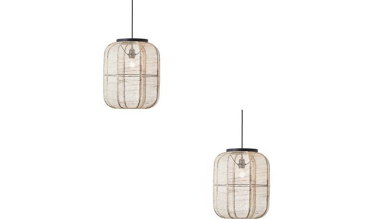 Loops Direct Set of 2 Wood Fabric Pendant Light - Natural Linen