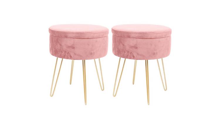 Harbour Housewares Round Velvet Storage Footstools - Pink/Gold - Set of 2