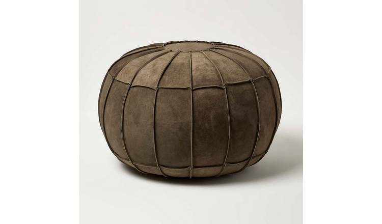 Homescapes Leather & Suede Round Pouffe Footstool – Brown