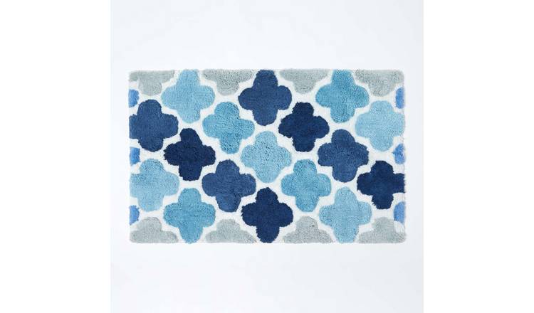 Homescapes Blue and Grey Pattern Cotton Bath Mat