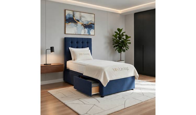 DS Living Casia Single 2 Drawer Velvet Divan Bed Frame - Dark Blue