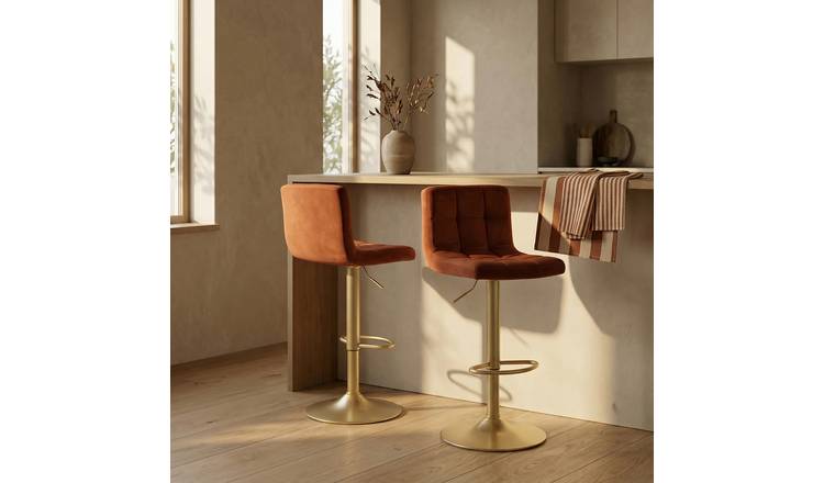 OHS Set of 2 Adjustable Velvet Bar Stools - Rust/Gold