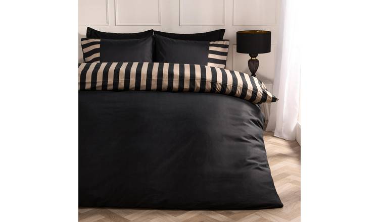 OHS Stripe Edge Bedding Set Microfibre Duvet Cover Set Black - Double