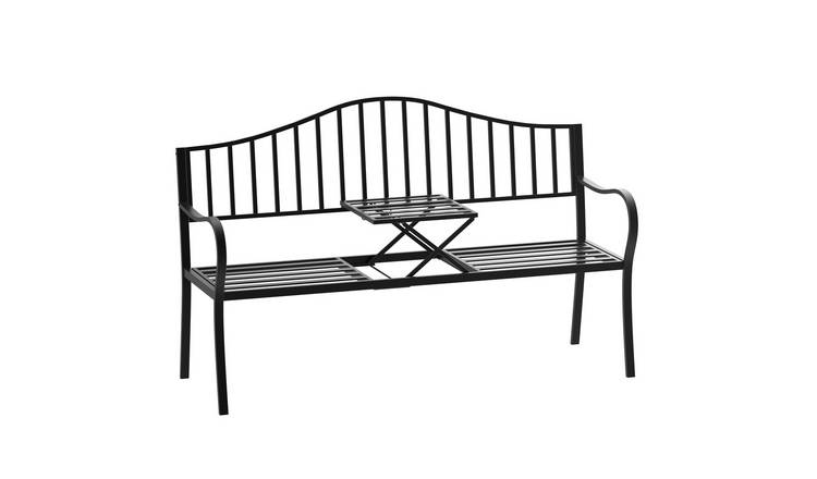 Outsunny 2 Seater Metal Bench with Foldable Table - Black