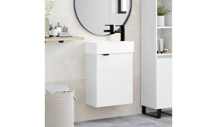 Walplus Wood Bathroom Vanity Unit Wall - Mounted - White - 45.5 x 22.5 x 84 cm