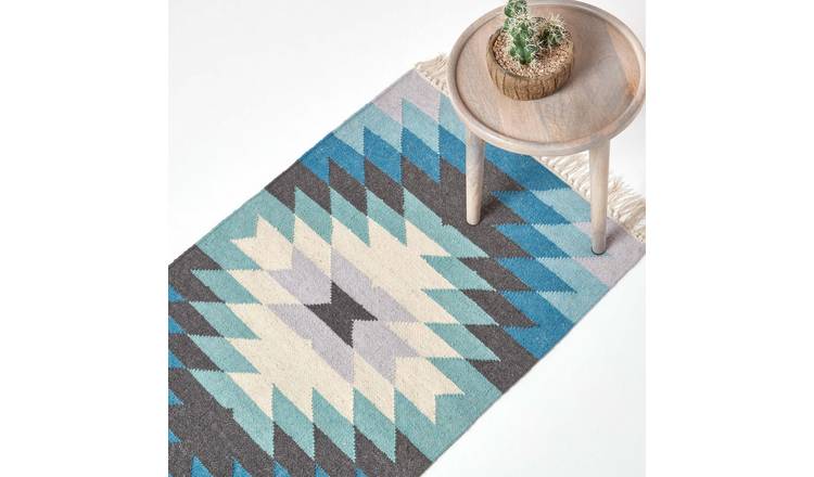 Homescapes Blue Grey Cream Helsinki Geometric Wool Kilim Runner - 66 x 200cm