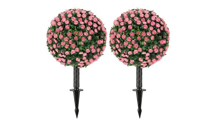 HOMCOM Set of 2 55cm UV Resistant Artificial Rose Topiary - Pink