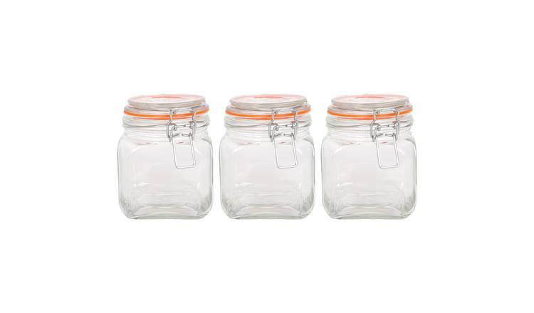 Argon Tableware Square Glass Jars with Clip-Top Lids - Pack of 3