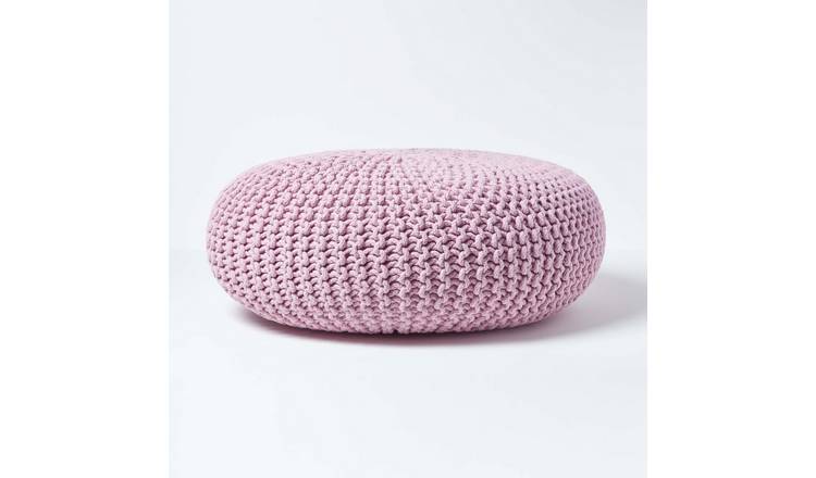 Homescapes Large Round Cotton Knitted Pouffe Footstool – Pastel Pink