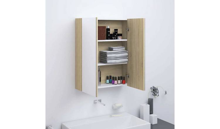 Walplus MDF Mirror Cabinet - White and Oak - 60 x 15 x 75 cm