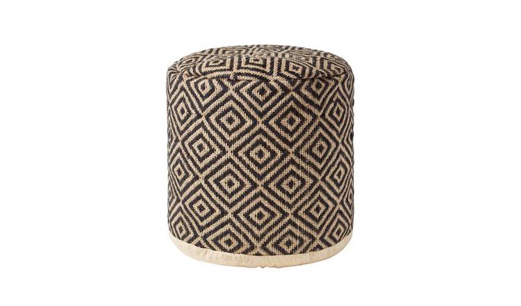 Homescapes Aztec Style Jute Round  Footstool – 45 x 40 cm – Black and Cream
