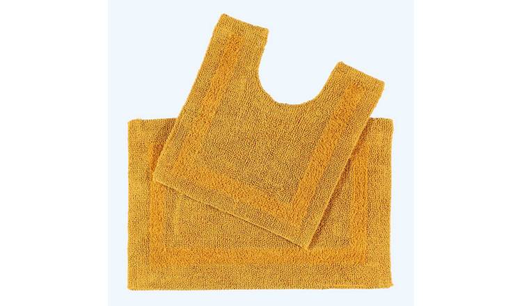 Homescapes Reversible Cotton 2 Piece Bath Mat Set - Mustard Yellow
