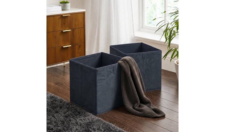 OHS Matte Velvet Cube Storage Boxes - Navy - 2 Pack