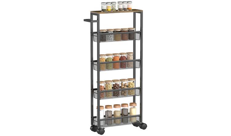 HOMCOM 5 Tier Metal Slim Kitchen Trolley with Wood Effect Top - Black