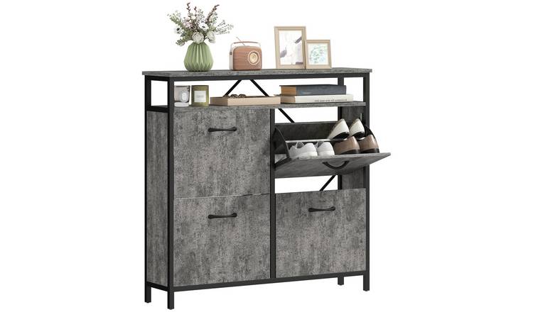 HOMCOM Industrial Adjustable Shoe Cabinet with 4 Flip Drawers - Cement Grey
