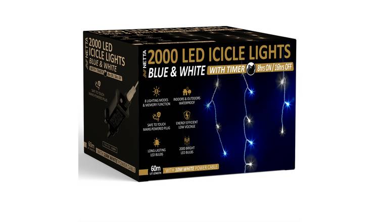 NETTA 60m 2000 LED Outdoor Icicle Christmas Lights with Timer - Blue White