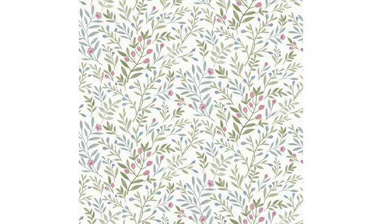 Grandeco Inia Leafy Trail Foliage and Flowers Textured Wallpaper - Blue Green