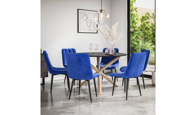 Furniture Online Malvern Nova Black Top Dining Table & 6 Blue Chairs