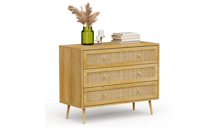 VonHaus Sienna 3 Drawers Rattan Chest - Natural Wood