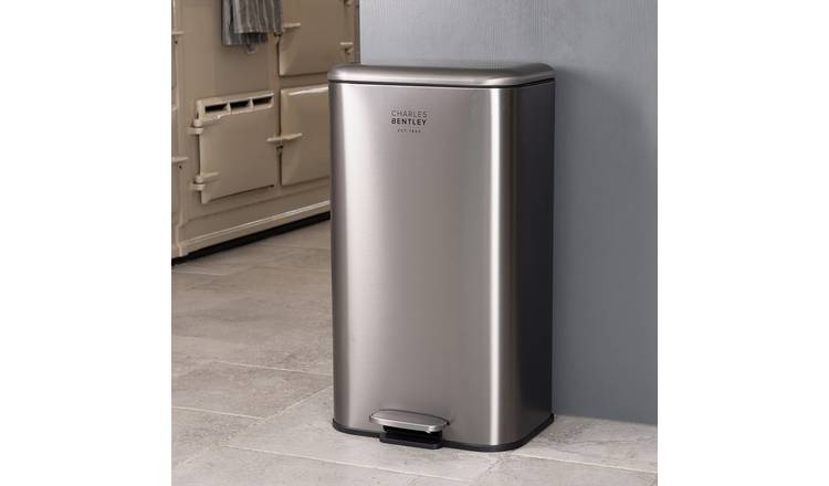 Charles Bentley 30L Slimline Rectangular Kitchen Pedal Bin - Silver