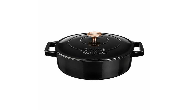 Cooks Professional 28cm Shallow Cast Iron Casserole Dish with Lid - Black