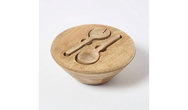 Homescapes Mango Wood Serving Bowl And Cutlery Set - Natural