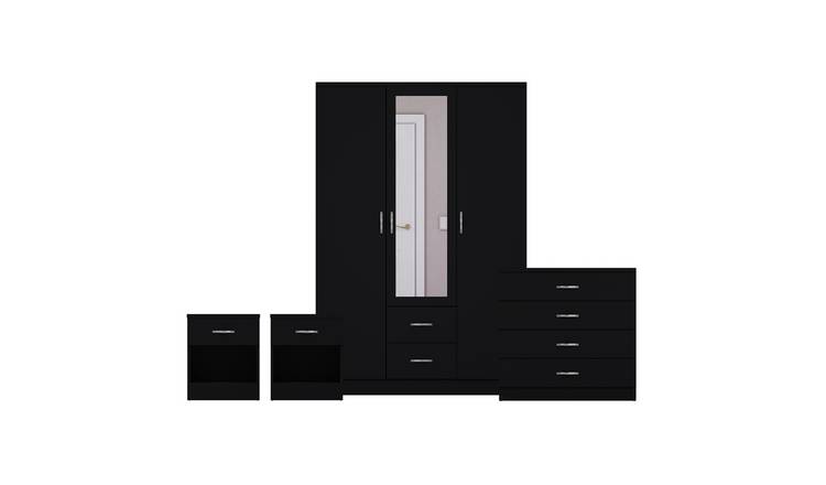 Vida Designs Riano Bedroom Set (Bedsides, 4 Drawer Chest, Mirror Wardrobe)-Black
