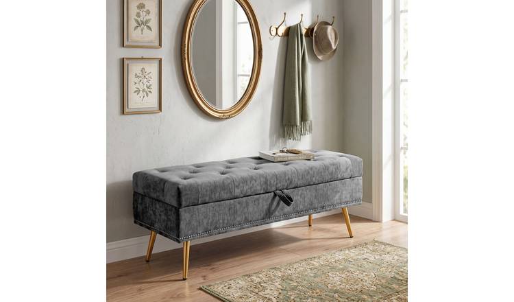 HOMCOM Chenille Upholstered Ottoman Storage Box - Grey