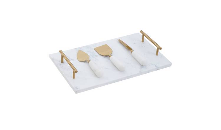 Orsina Marina White Marble Cheese Board with Three Cheese Tools – White and Gold