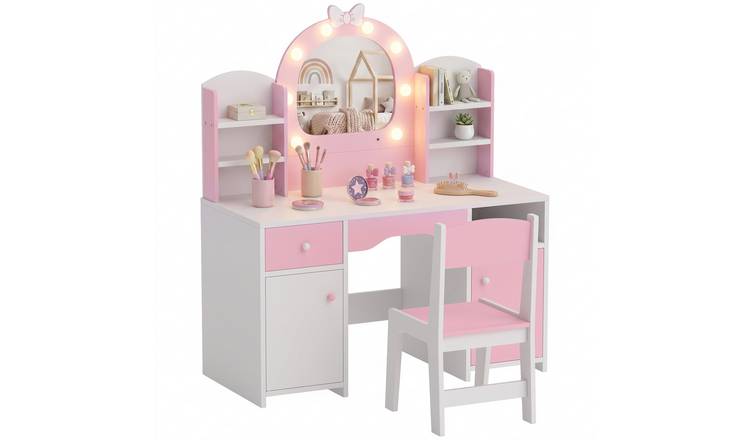 AIYAPLAY 3-8 Years 2-Colour Light Up Mirror Dressing Table and Stool Set – Pink