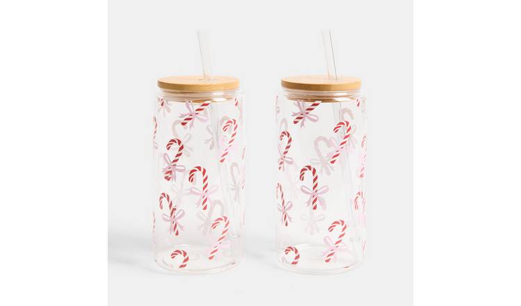 OHS Candy Cane Print Plastic Drinking Jars with Bamboo Lids - 2 Pack