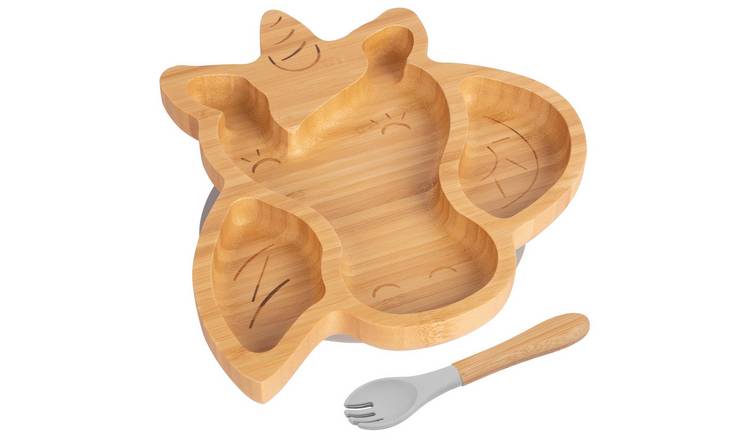 Tiny Dining Bamboo Unicorn Baby Weaning Plate & Fork Set - Grey