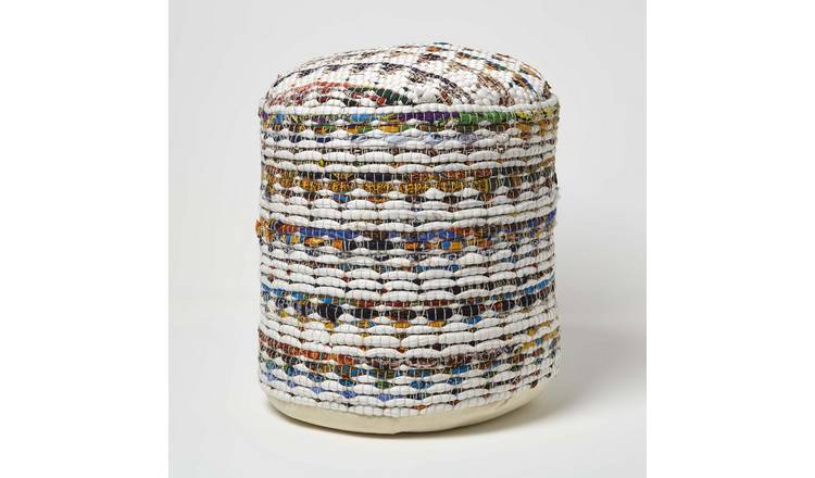 Homescapes Chindi Pattern Woven Bean Filled Pouffe Circular – 45 x 40 cm – Cream