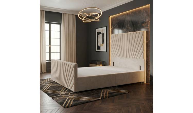 Somnior Velvet Small Single Divan Bed with Footboard & Headboard - Ivory