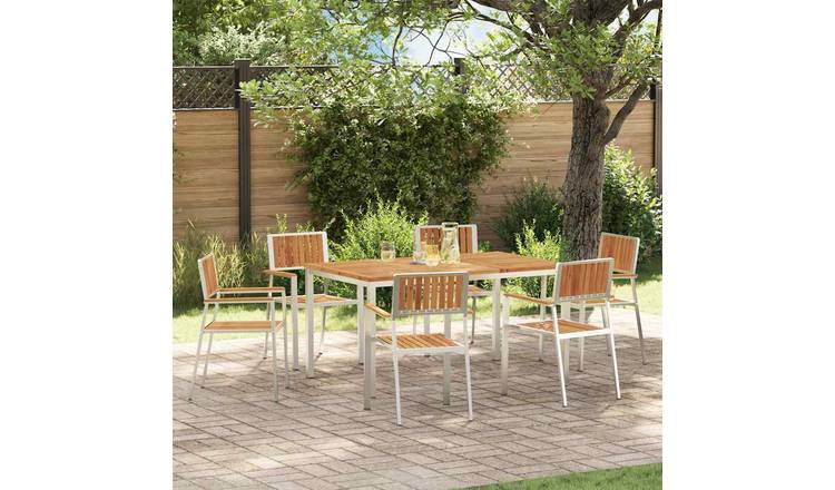 Walplus 7 Piece Solid Acacia Wood Outdoor Dining Set - Brown - 150 x 90 x 75 cm