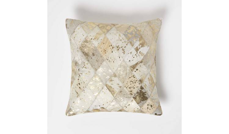 Homescapes Gold & Grey Geometric Diamond Leather Cushion