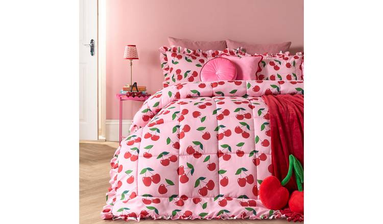 OHS Cherry Frill Edge Coverless 7.5 Tog Duvet Set Pink/Red - Double