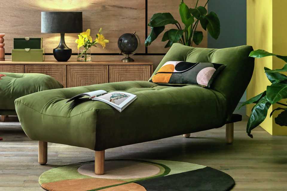 Habitat Kota velvet chaise sofa in green colour.