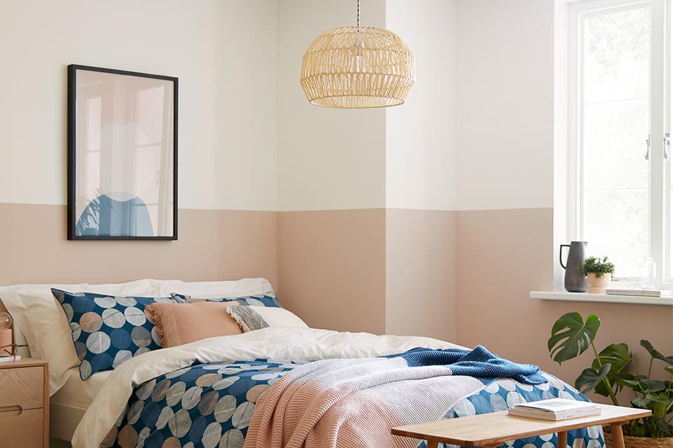Scandi inspired bedroom with blue spotted bedding