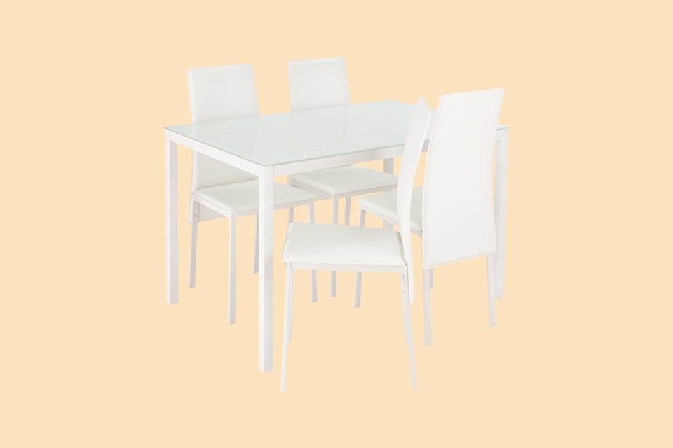 Argos Home Lido glass dining table and 4 white chairs.