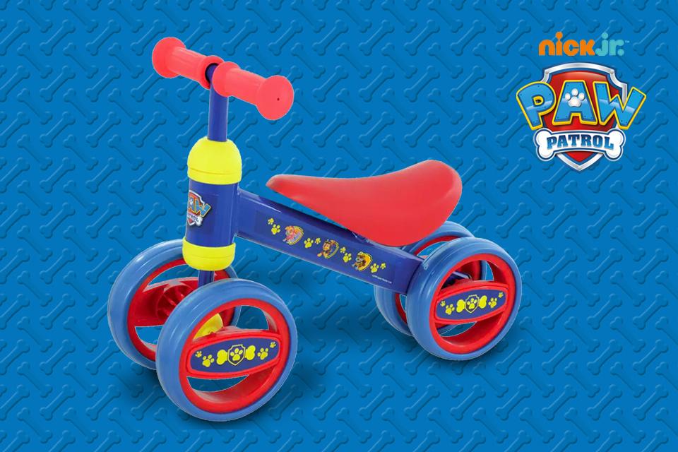 PAW Patrol bobble ride on in blue and red colour, with the Nick Junior Paw Patrol logo on top.