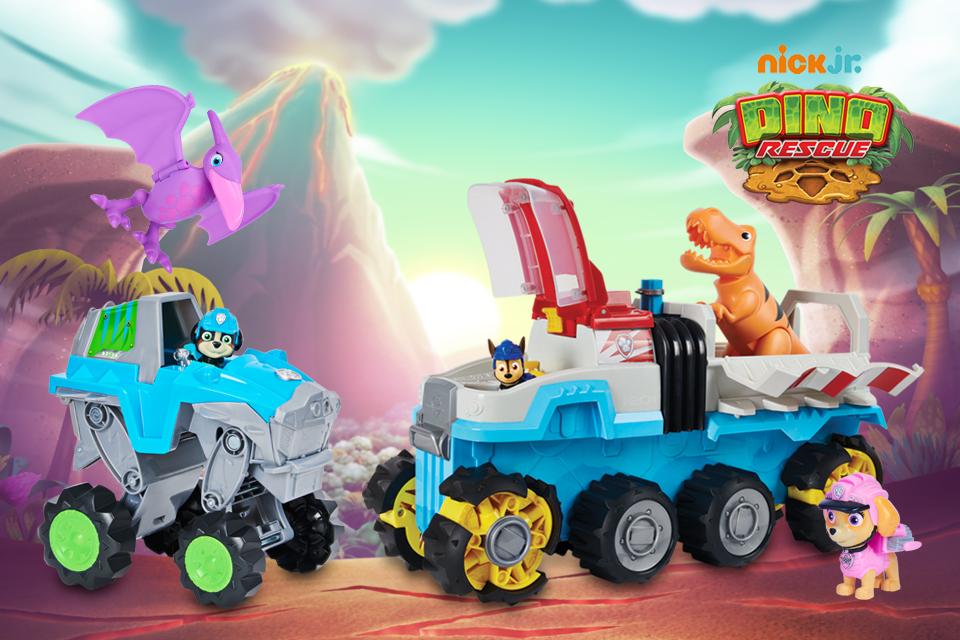 PAW Patrol Dino Rescue motorised Dino Patroller team vehicle and Rex's deluxe vehicle, with Nick Junior Dino Rescue logo on top.