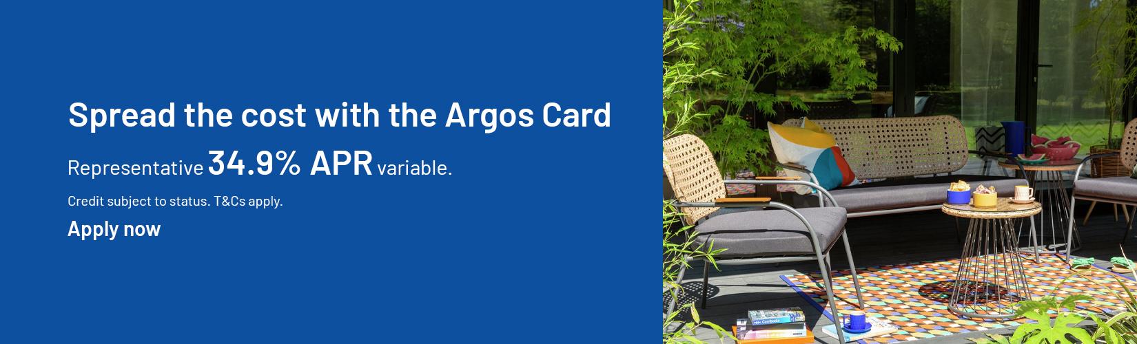 Spread the cost with the Argos Card. Representative 34.9% APR variable. Credit subject to status. T&Cs apply.