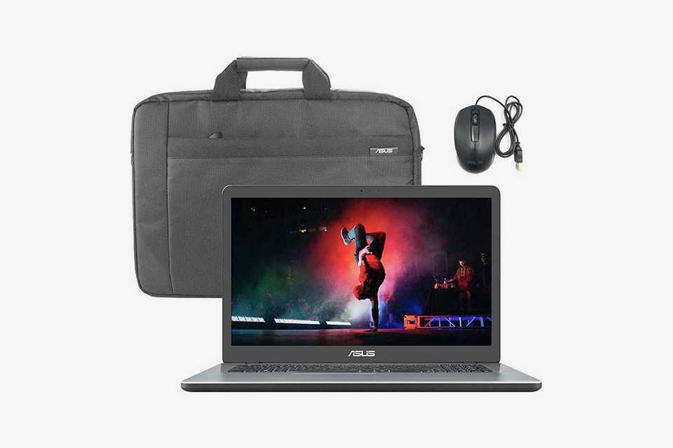 An Asus laptop with a laptop bag and a mouse.