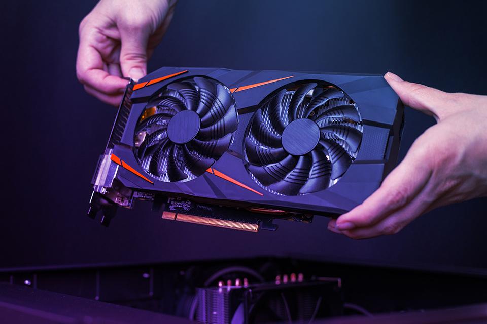 A high performance graphic card with two cooling fans.